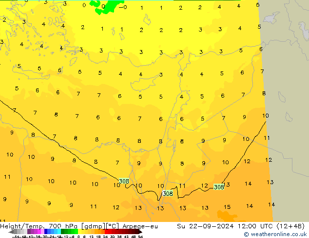 Height/Temp. 700 hPa Arpege-eu Ne 22.09.2024 12 UTC