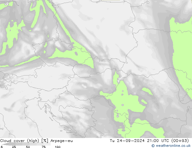 Cloud cover (high) Arpege-eu Tu 24.09.2024 21 UTC