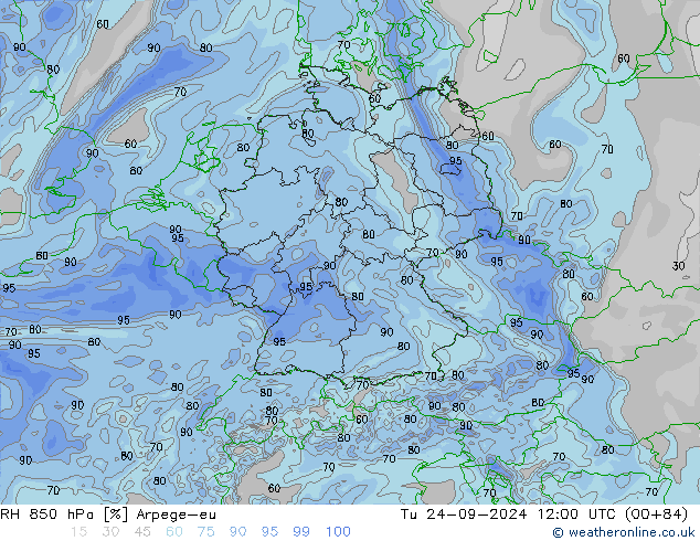 RH 850 hPa Arpege-eu Tu 24.09.2024 12 UTC