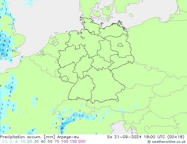 Precipitation accum. Arpege-eu 星期六 21.09.2024 18 UTC