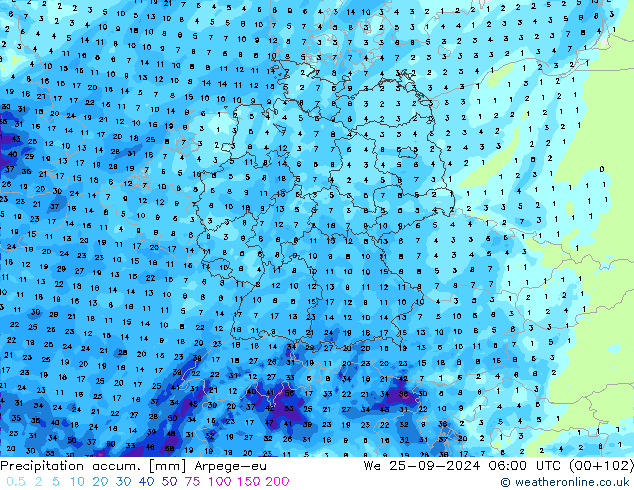 Precipitation accum. Arpege-eu 星期三 25.09.2024 06 UTC