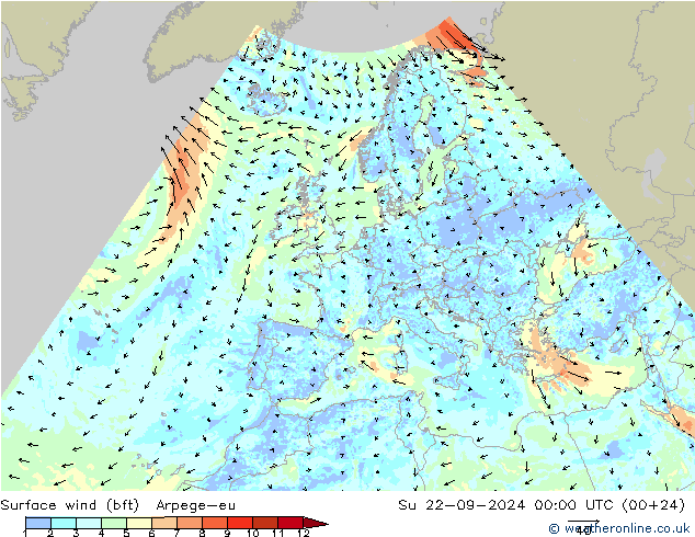 Viento 10 m (bft) Arpege-eu dom 22.09.2024 00 UTC