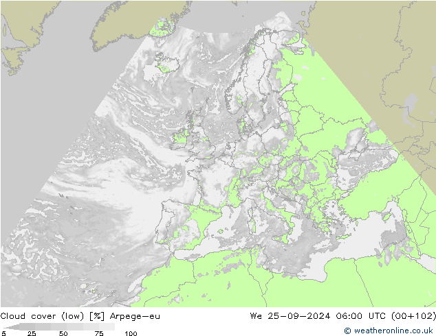 Cloud cover (low) Arpege-eu We 25.09.2024 06 UTC