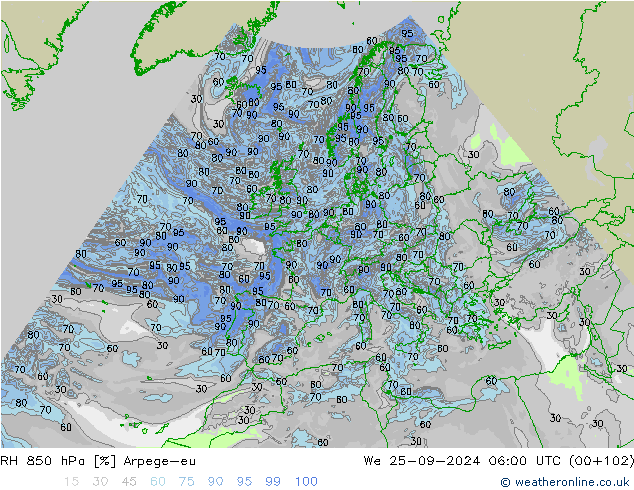 RH 850 hPa Arpege-eu We 25.09.2024 06 UTC