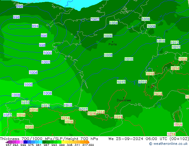 Thck 700-1000 hPa Arpege-eu We 25.09.2024 06 UTC