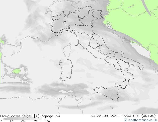 Cloud cover (high) Arpege-eu Su 22.09.2024 06 UTC