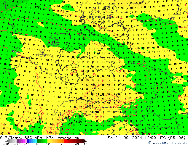 SLP/Temp. 850 hPa Arpege-eu za 21.09.2024 12 UTC