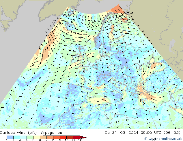 Viento 10 m (bft) Arpege-eu sáb 21.09.2024 09 UTC