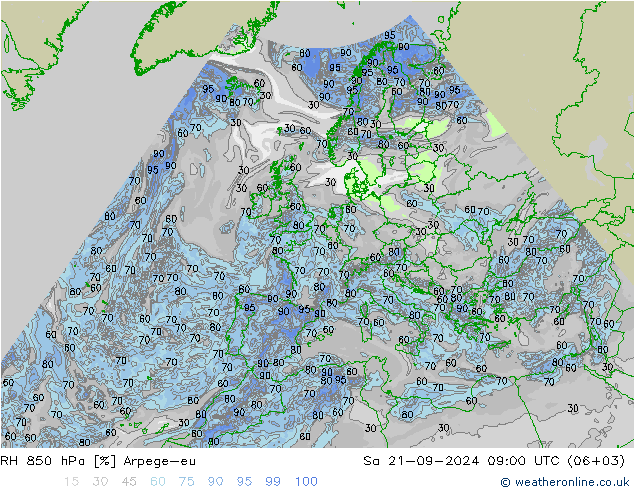 Humedad rel. 850hPa Arpege-eu sáb 21.09.2024 09 UTC