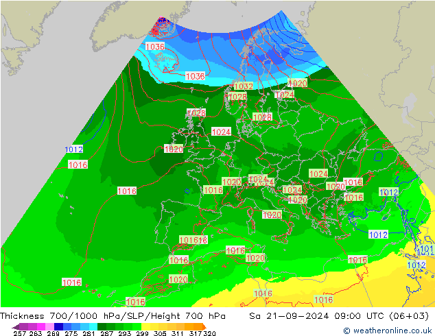 Thck 700-1000 hPa Arpege-eu 星期六 21.09.2024 09 UTC