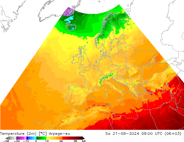 Temperatura (2m) Arpege-eu sáb 21.09.2024 09 UTC