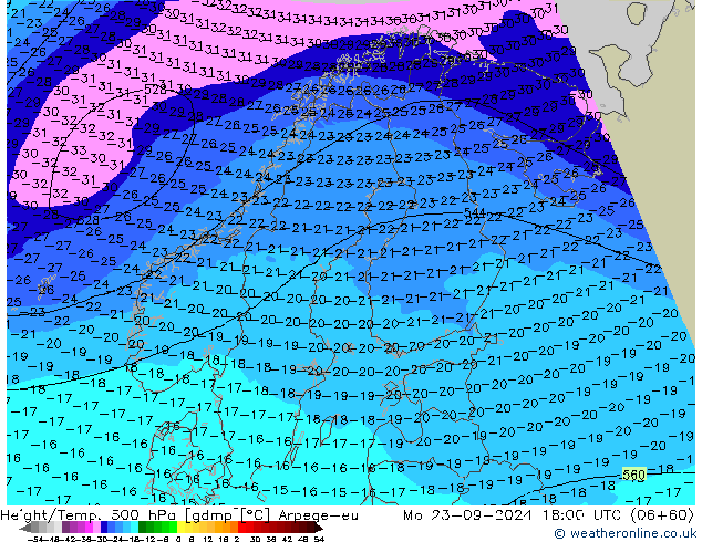 Height/Temp. 500 hPa Arpege-eu 星期一 23.09.2024 18 UTC