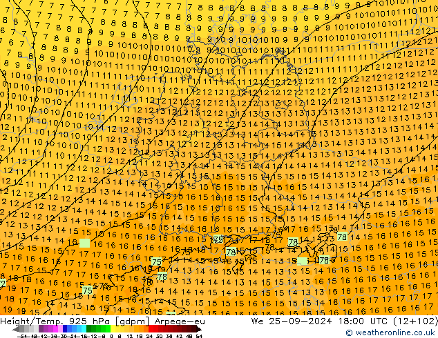 Height/Temp. 925 hPa Arpege-eu 星期三 25.09.2024 18 UTC