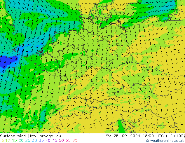 Viento 10 m Arpege-eu mié 25.09.2024 18 UTC