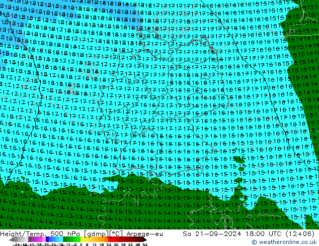 Height/Temp. 500 hPa Arpege-eu 星期六 21.09.2024 18 UTC