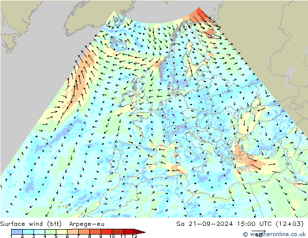 Viento 10 m (bft) Arpege-eu sáb 21.09.2024 15 UTC