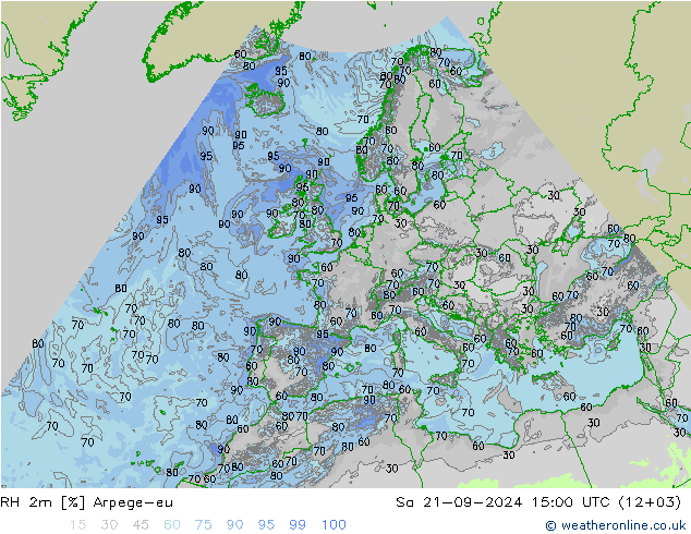 Humedad rel. 2m Arpege-eu sáb 21.09.2024 15 UTC