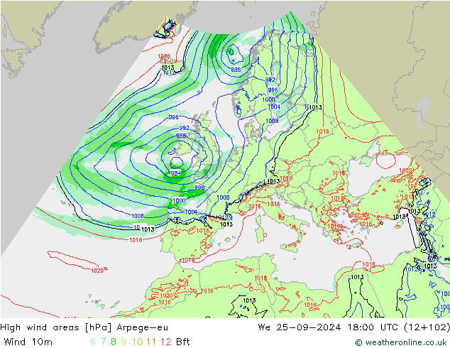 High wind areas Arpege-eu St 25.09.2024 18 UTC