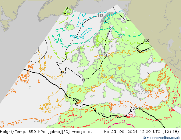 Height/Temp. 850 hPa Arpege-eu 星期一 23.09.2024 12 UTC