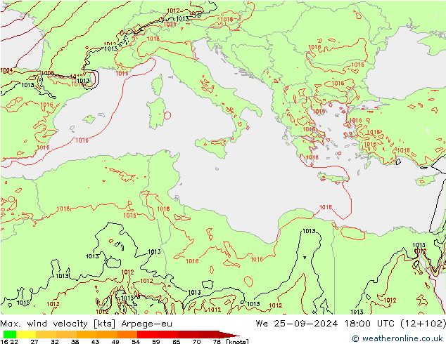 Max. wind snelheid Arpege-eu wo 25.09.2024 18 UTC