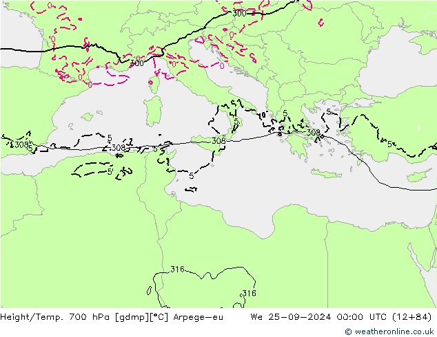 Height/Temp. 700 hPa Arpege-eu We 25.09.2024 00 UTC