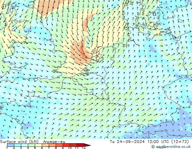 Surface wind (bft) Arpege-eu Tu 24.09.2024 12 UTC