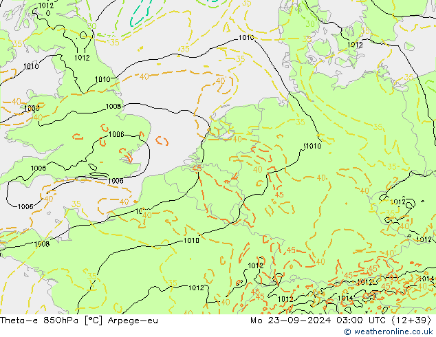 Theta-e 850hPa Arpege-eu Mo 23.09.2024 03 UTC