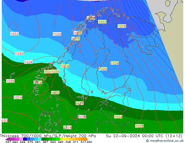 Espesor 700-1000 hPa Arpege-eu dom 22.09.2024 00 UTC