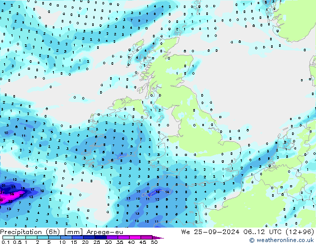 Precipitation (6h) Arpege-eu We 25.09.2024 12 UTC