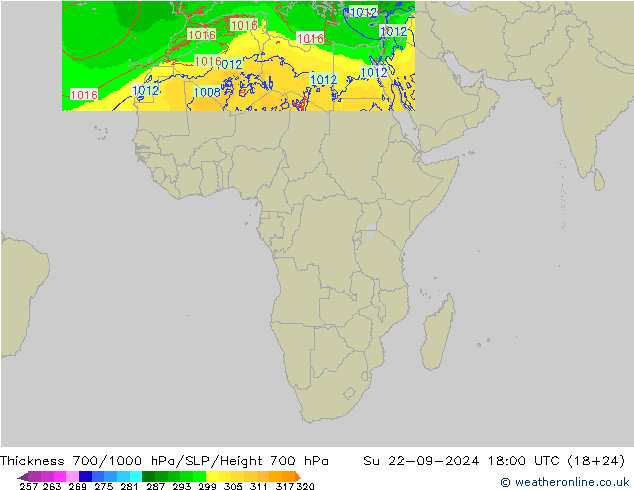 Thck 700-1000 hPa Arpege-eu dom 22.09.2024 18 UTC