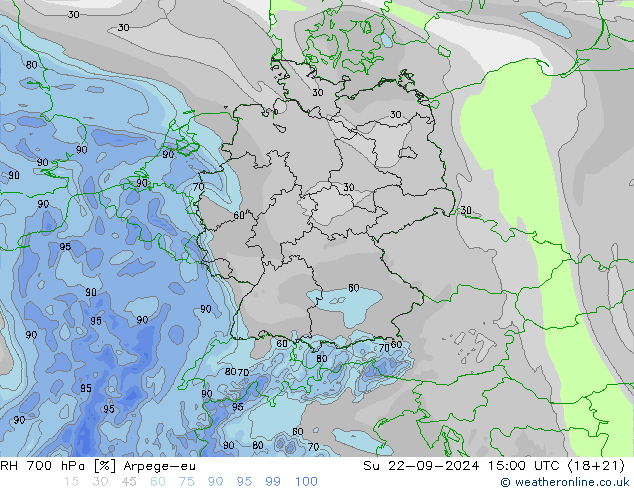 RH 700 hPa Arpege-eu 星期日 22.09.2024 15 UTC