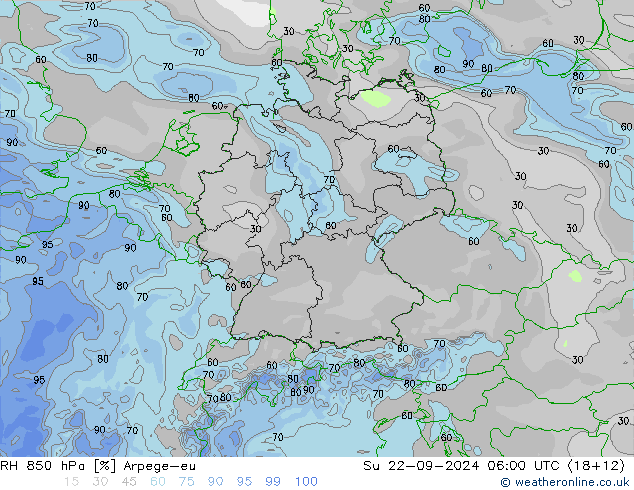 Humedad rel. 850hPa Arpege-eu dom 22.09.2024 06 UTC