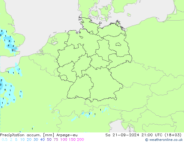 Precipitation accum. Arpege-eu 星期六 21.09.2024 21 UTC