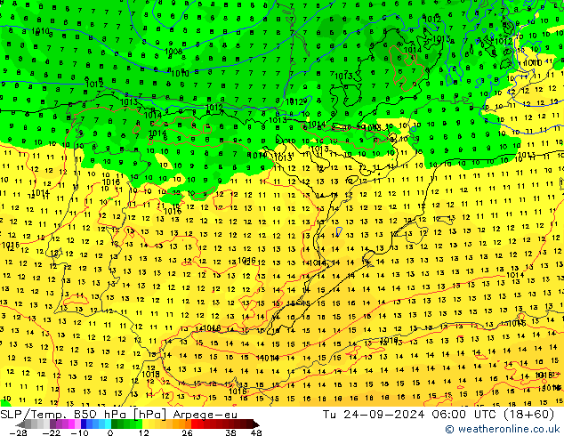 SLP/Temp. 850 hPa Arpege-eu di 24.09.2024 06 UTC