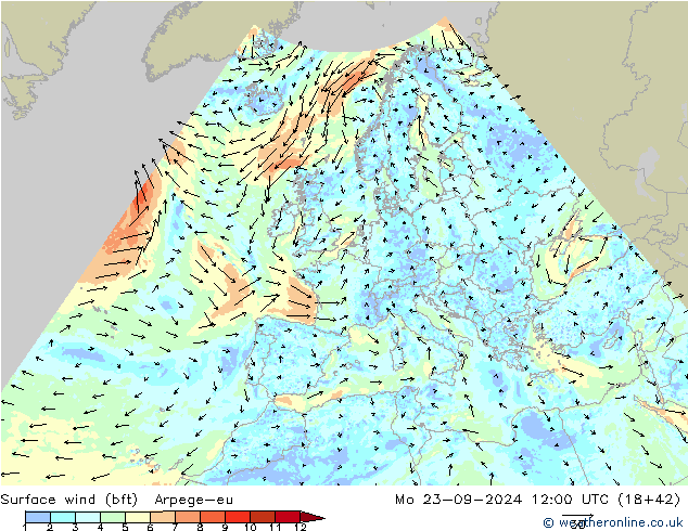 �N 10 米 (bft) Arpege-eu 星期一 23.09.2024 12 UTC