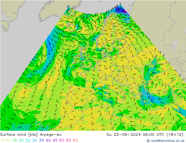 Wind 10 m Arpege-eu zo 22.09.2024 06 UTC