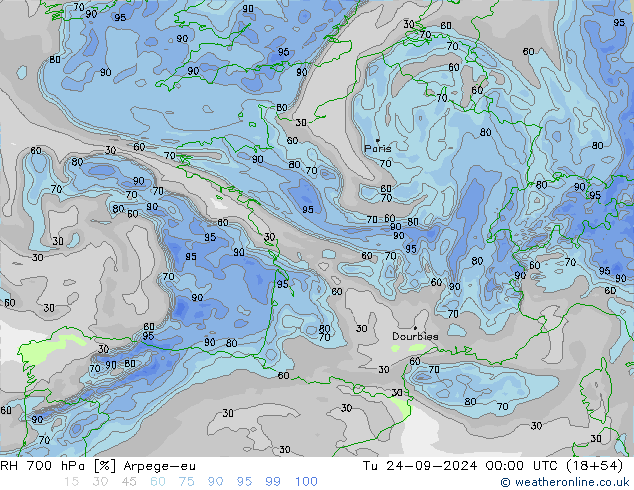 RH 700 hPa Arpege-eu mar 24.09.2024 00 UTC