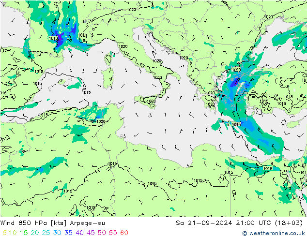 ветер 850 гПа Arpege-eu сб 21.09.2024 21 UTC