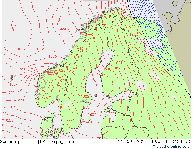 地面气压 Arpege-eu 星期六 21.09.2024 21 UTC