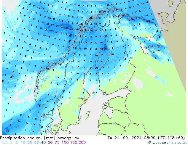 Precipitation accum. Arpege-eu Tu 24.09.2024 06 UTC