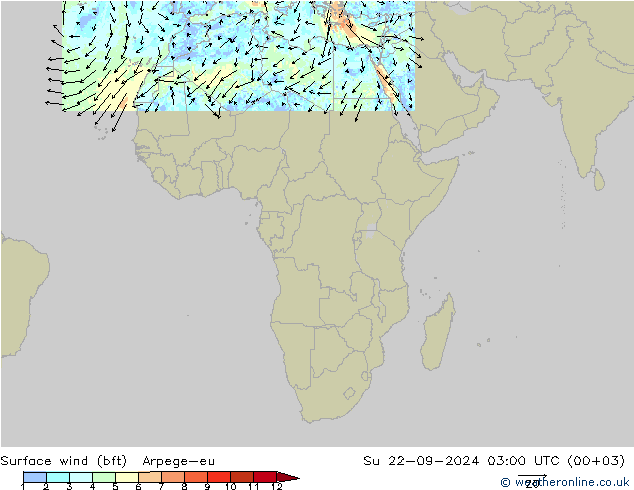 Surface wind (bft) Arpege-eu Su 22.09.2024 03 UTC