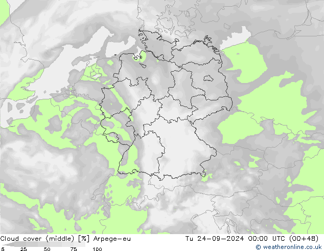 Cloud cover (middle) Arpege-eu Tu 24.09.2024 00 UTC