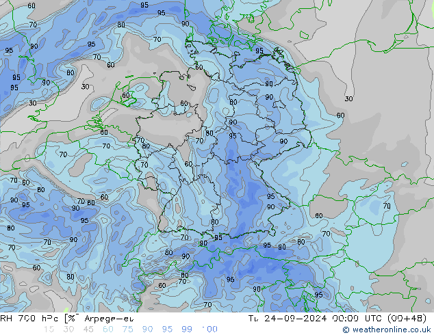 RH 700 hPa Arpege-eu 星期二 24.09.2024 00 UTC