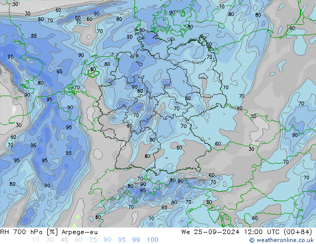 RH 700 hPa Arpege-eu We 25.09.2024 12 UTC