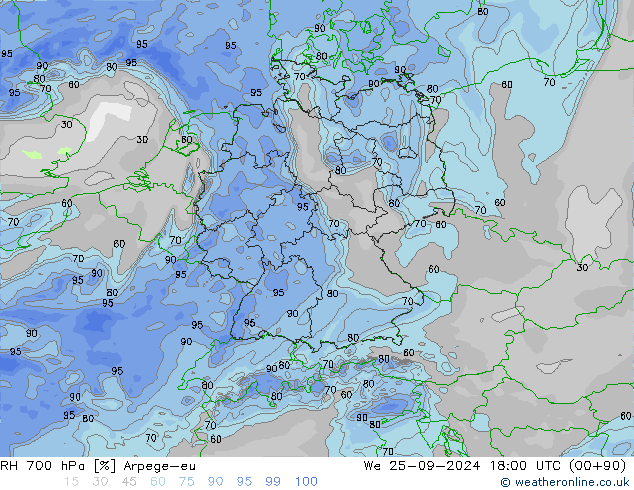 RH 700 hPa Arpege-eu We 25.09.2024 18 UTC