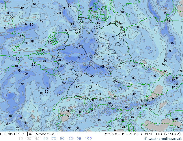 RH 850 гПа Arpege-eu ср 25.09.2024 00 UTC