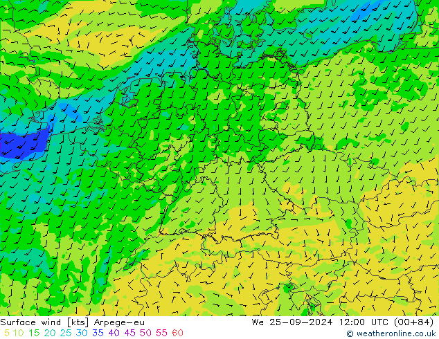 Vento 10 m Arpege-eu Qua 25.09.2024 12 UTC