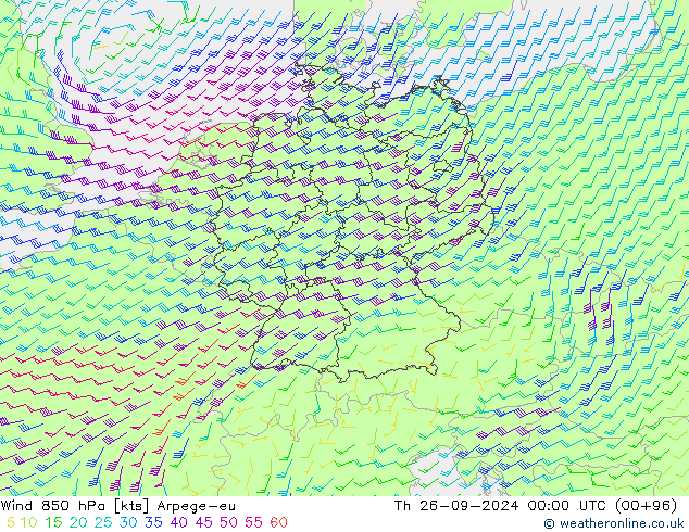 Wind 850 hPa Arpege-eu Th 26.09.2024 00 UTC