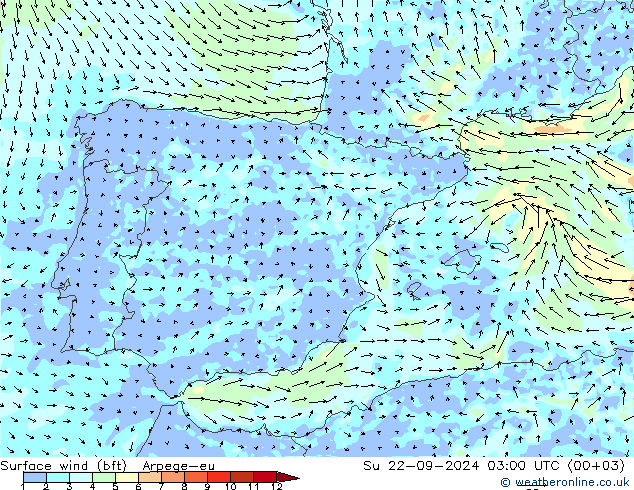 Wind 10 m (bft) Arpege-eu zo 22.09.2024 03 UTC