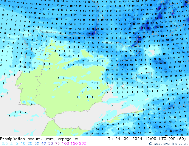 Totale neerslag Arpege-eu di 24.09.2024 12 UTC